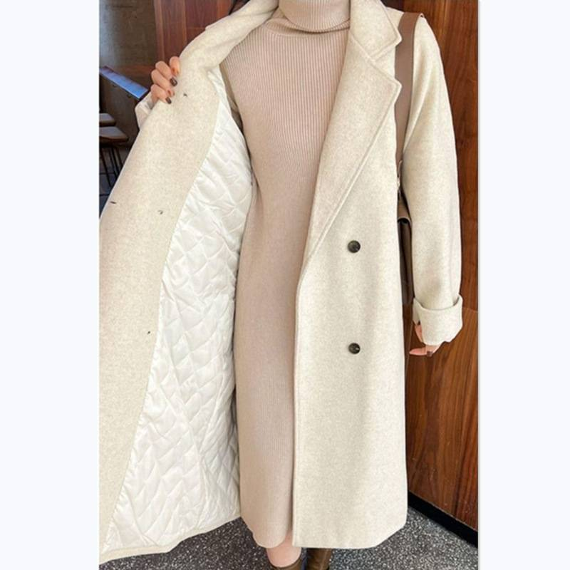 Damenbekleidung in Übergröße, warmer Mantel aus Wollmischung mit Reverskragen und Fleecefutter – fließender, mittellanger Wintermantel für Damen (Schwarz/Beige)_voghion.com