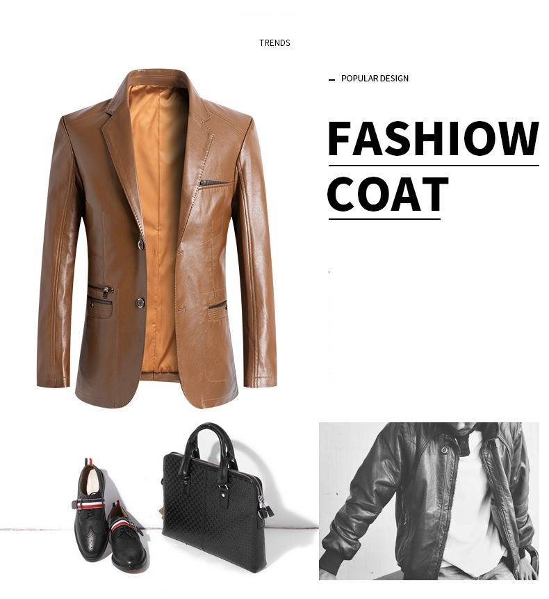 Herrenbekleidung Herren-Blazerjacke aus PU-Leder – Slim Fit Business Casual Anzugmantel mit knitterfreiem Design, mehreren Taschen_voghion.com
