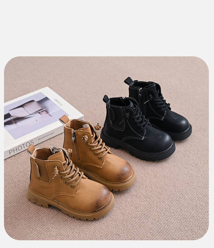 Bottines courtes tendance pour enfants, souples et à semelle épaisse, pour maman et enfant - Bottes décontractées en cuir souple pour garçons et filles - Noir et jaune - Tailles 26-37_voghion.com