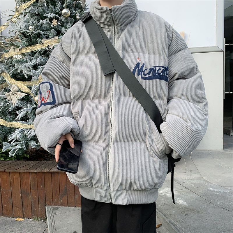 Herren Cord-Wattierungsjacke – Winter-Streetwear-Bombermantel mit Stickerei und Stehkragen, lockere Passform, warmes Fleecefutter (Beige, Grau)_voghion.com