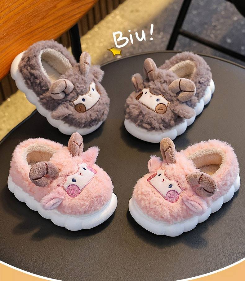 Pantufas de inverno infantis forradas com pelúcia e com proteção para o calcanhar - Pantufas aconchegantes para meninos e meninas (rosa/bege/azul-marinho/azul-celeste, tamanhos 22-37)_voghion.com