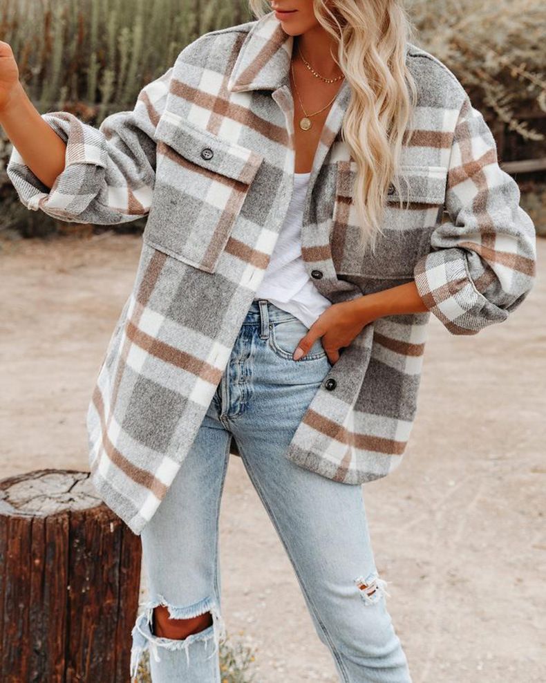 Women's Oversized Plaid Wool-Blend Coat Long Sleeve Notched Lapel Single-Breasted Jacket For Fall & Winter_voghion.com