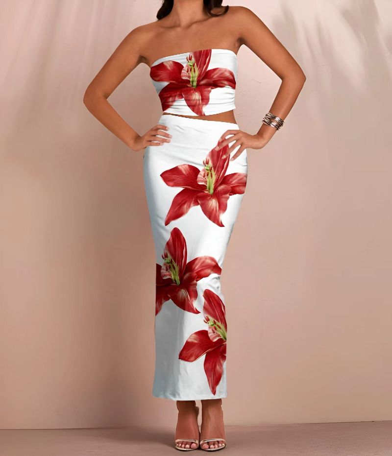 Dameskleding Mode Bloemenprint Multi Color Temperament Slim Fit Tube Top Heup Lange Rok Pak_voghion.com