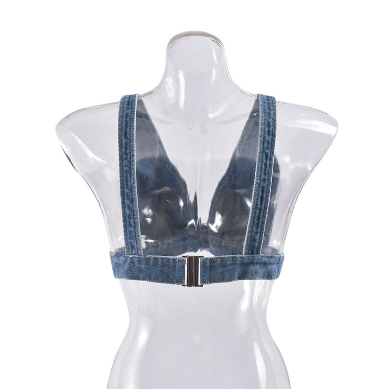 Women's Clothing Summer New Denim Washed Sexy Vest Back Buckle Top_voghion.com