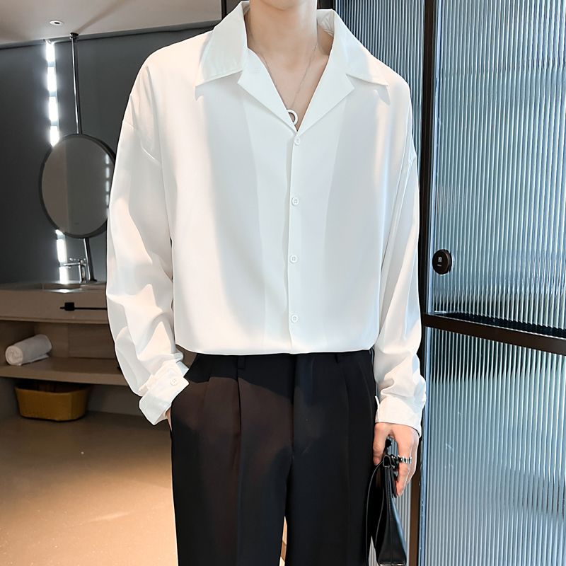 Unbeatable Quality New White For Men Long Sleeves, Trendy Cool Design, Niche Versatile With A Hanging Feel. Spring And Autumn Cuban Collar_voghion.com