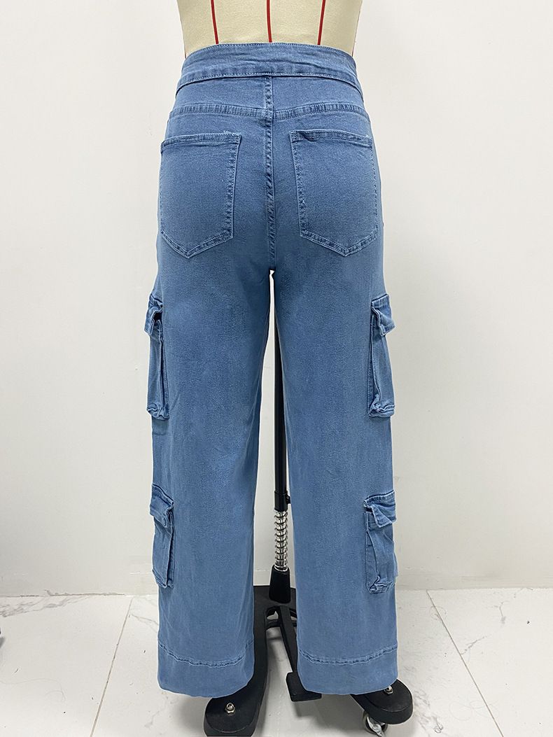 Roupas femininas primavera novo macacão lavado de rua feminino multi bolso perna larga renda jeans_voghion.com