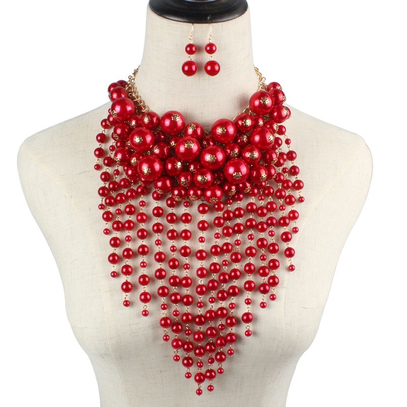 Exaggerated Jewelry Necklace Multi Layer Clothing Pearl Tassel Statement_voghion.com