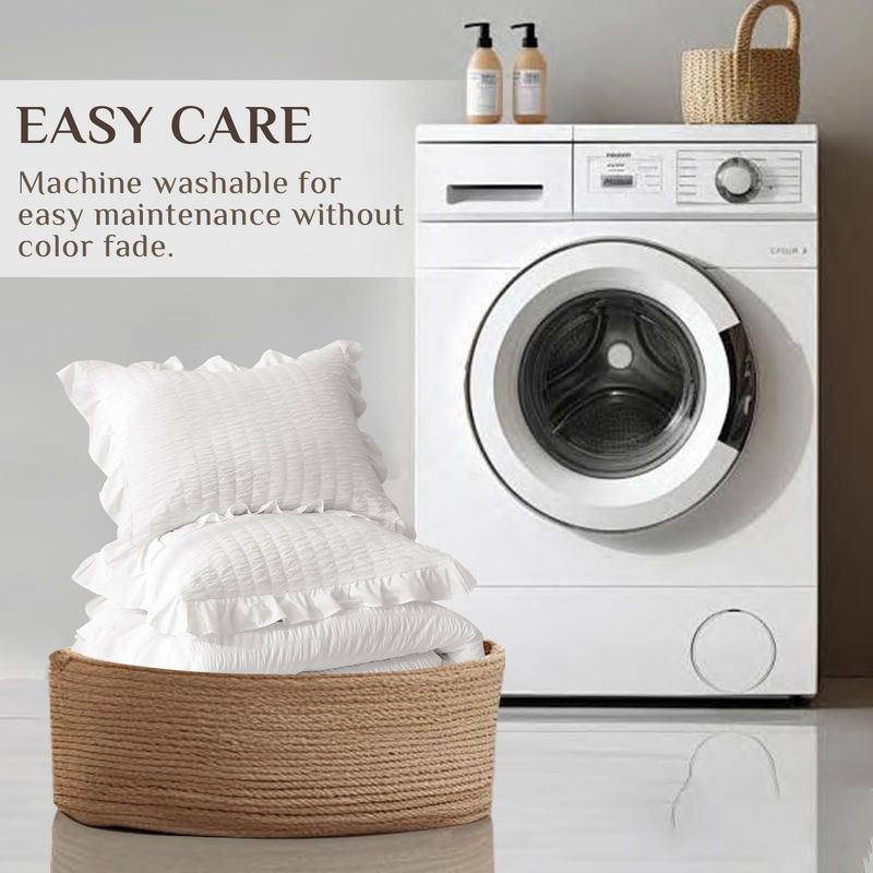 Steppdecken-Set, weiß, gerüscht, Seersucker, Fettsteppdecke, Chemiefaser-Steppdecke, dreiteiliges Set_voghion.com