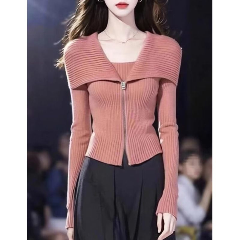 Französischer süßer Reißverschluss-Revers-Kurzstrick für Damen im Frühherbst 2024, Slim Fit und Abnehmen, langärmeliger Basispullover_voghion.com