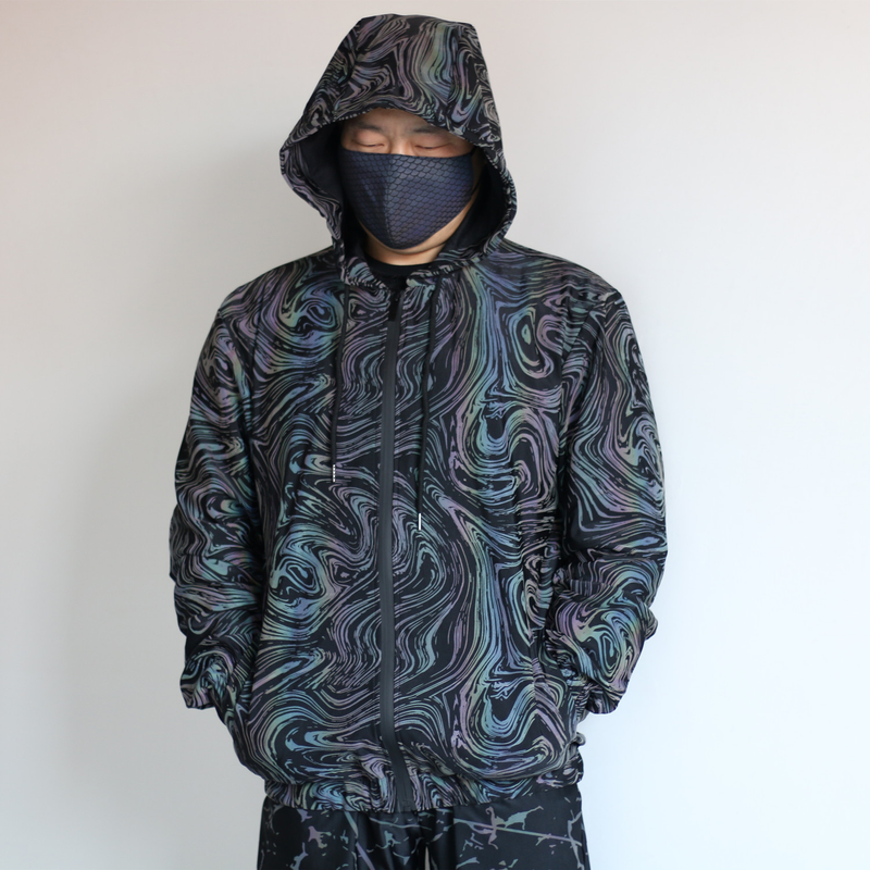 Vêtements pour hommes Nouvelle veste réfléchissante colorée pour hommes, haut à capuche extensible respirant en tricot avec ciel étoilé coloré_voghion.com