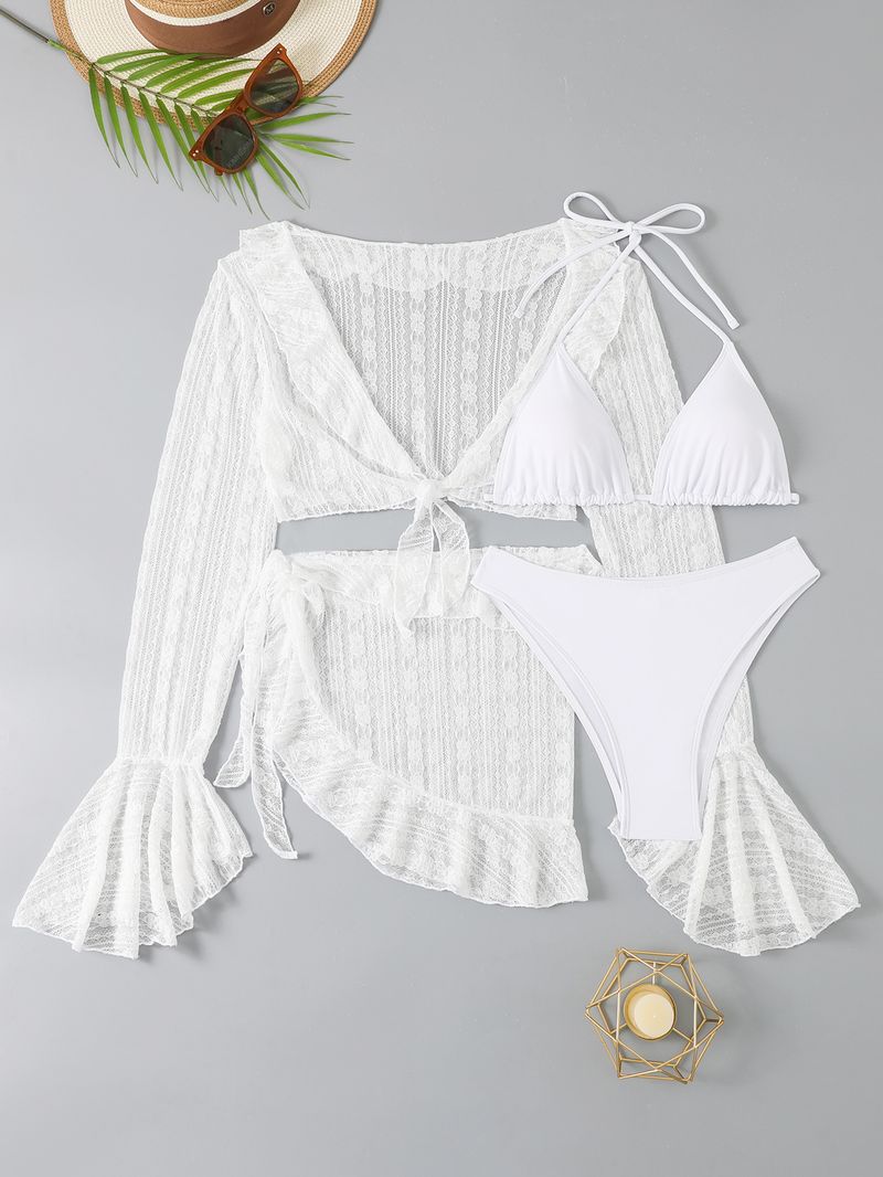 Completo bikini a quattro pezzi, a maniche lunghe, da donna, con abito da spiaggia_voghion.com