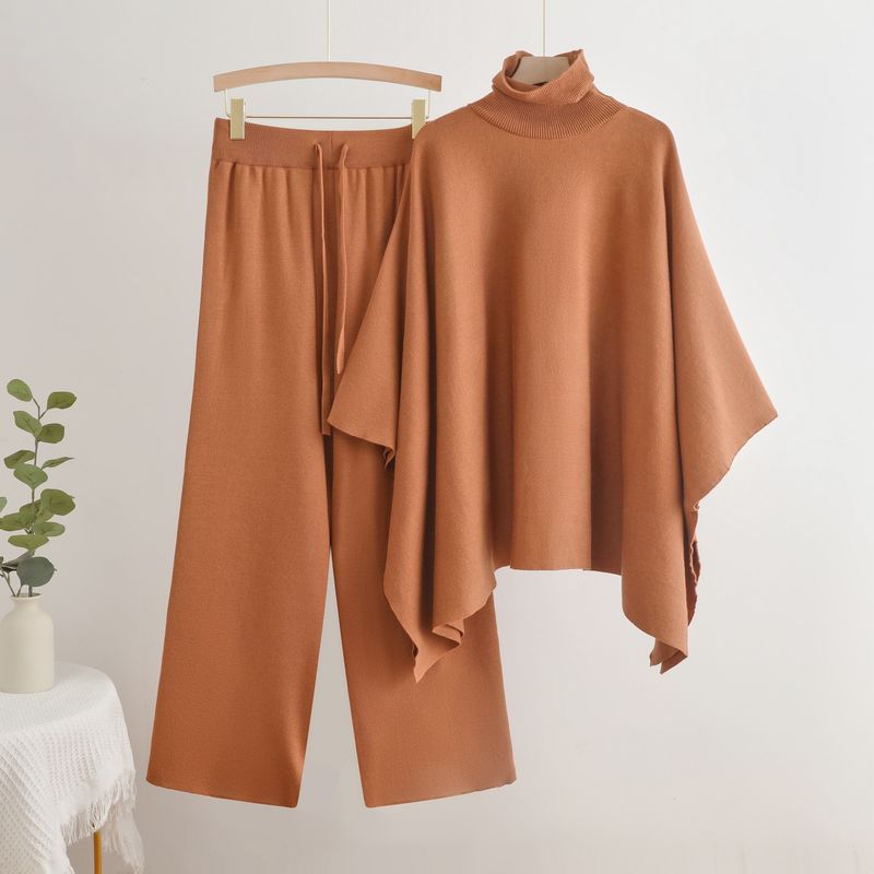 Damenbekleidung Herbst und Winter neuer zweiteiliger Anzug hoher Kragen Umhang einfarbig gestrickter Pullover elastische Taille Hose mit weitem Bein Temperamentanzug_voghion.com