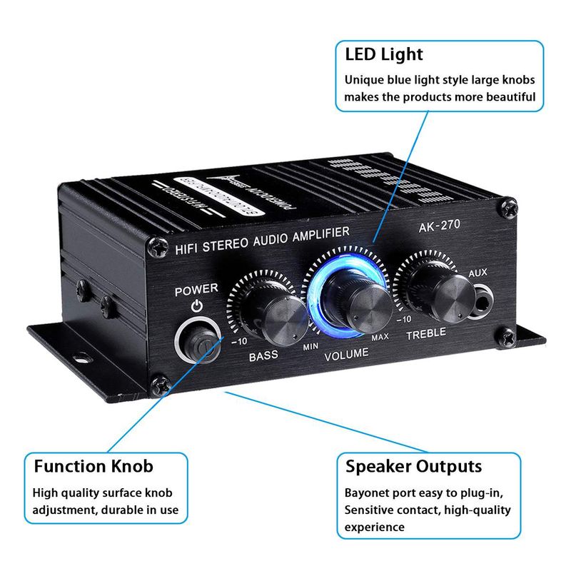 AK270 12V Hifi Effektforsterker Stereo Hjem Bil BASS Lydforsterker Bilhøyttaler Klasse D Bil Hjemmelyd Effektforsterker_voghion.com