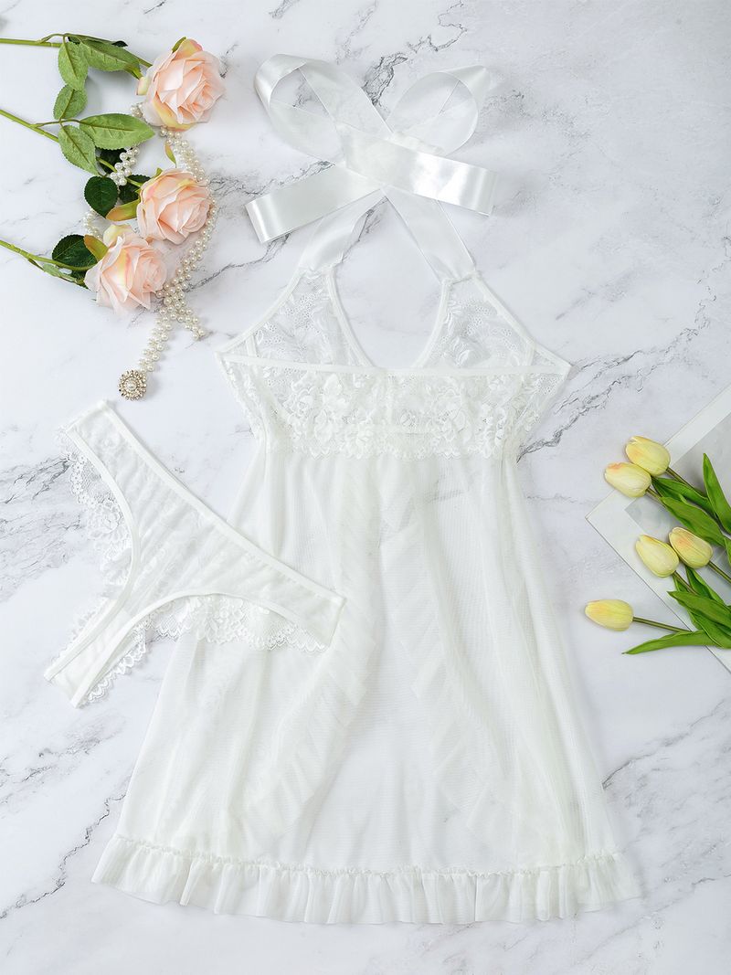 Set sexy e seducente con fiocco in pizzo e abito da bambola in prospettiva, abito pigiama molto venduto_voghion.com