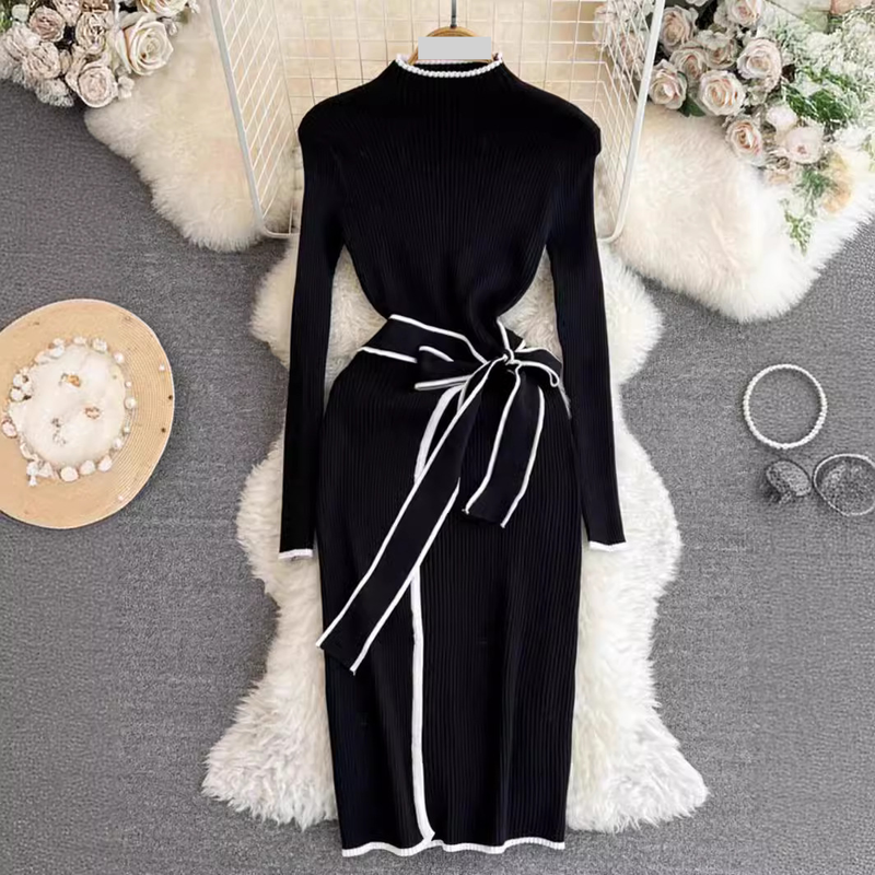 Women's Clothing Contrast Color Long Sleeve Stand Collar Waist Slimming Medium And Long Lace Up Hip Bottoming Knitted Dress_voghion.com