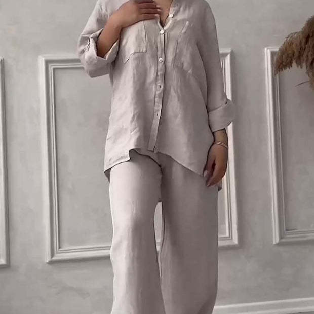 Ropa de mujer Camisa casual de algodón y lino de color sólido con cordón Pantalones de pierna ancha Traje_voghion.com