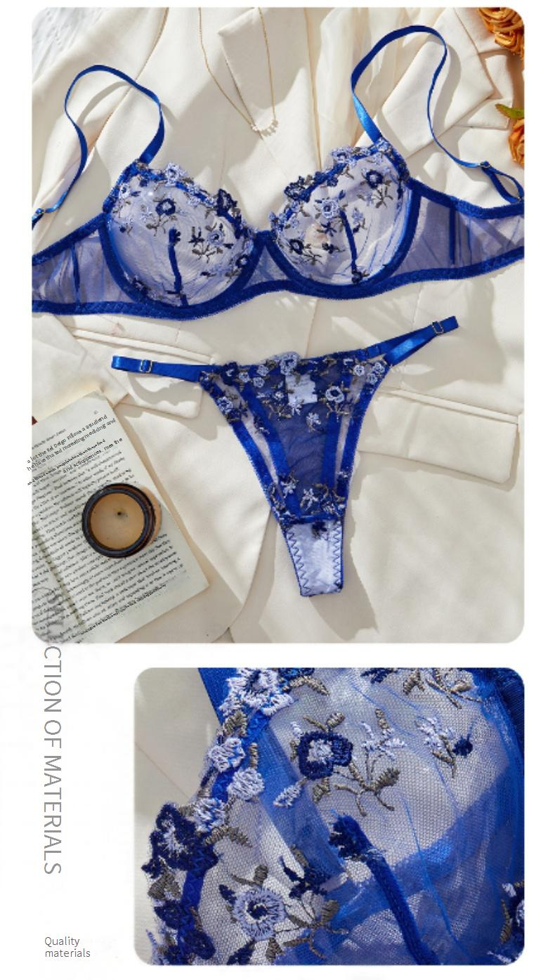Women's Intimates Perspective Embroidery Blue Bra Underwear Women's Pure Desire Style Mesh Temptation Underwear Set_voghion.com