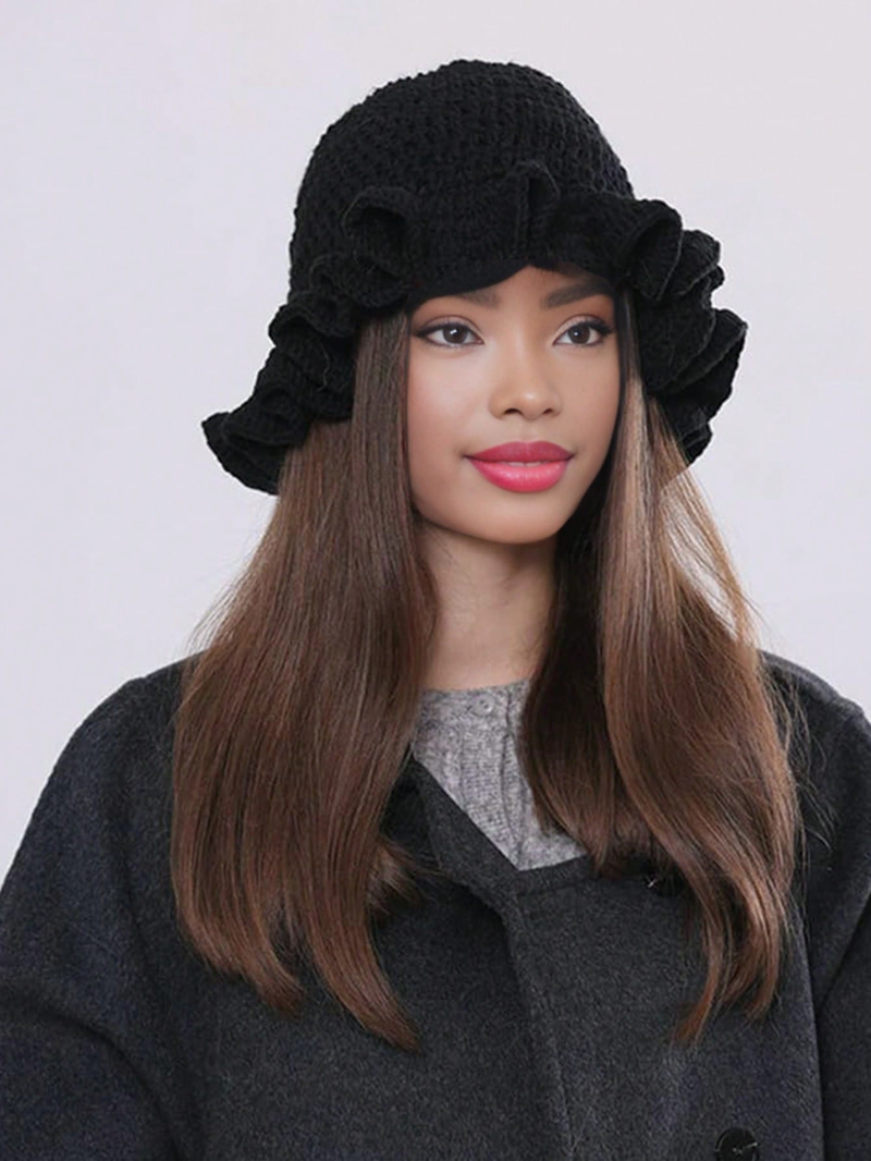 Solid Color Hand Woven Knitted Hat Bohemian Style Hollowed Out Pleated Hat, Bamboo Hat, Ruffled Edge Pullover Hat_voghion.com
