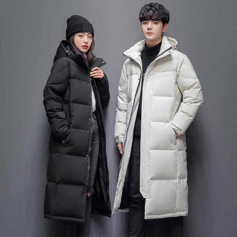 Herrenbekleidung Unisex Langer Daunenmantel Mit Kapuze - Warme Winterjacke Für Männer & Frauen, Knielang, Verdickt, Lässig (Schwarz/Weiß/Grau)_voghion.com