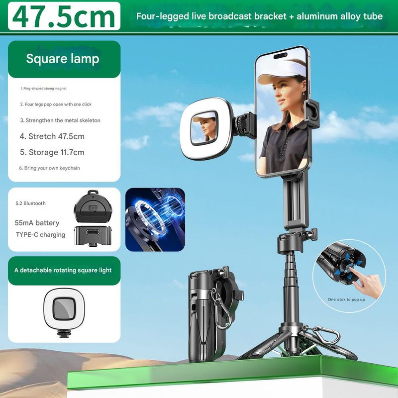 Bastone per selfie multifunzionale quattro in uno con telecomando wireless | Clip magnetica per telefono, doppio gruppo, rotazione a 360° + regolazione di ribaltamento a 220°_voghion.com