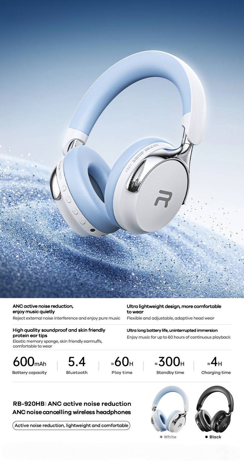 Active Noise Cancelling Wireless Headphones RB-920HB, 50H Playtime, Hi-Fi Sound, Comfortable Over-Ear Design, Built-in Mic, Type-C Charging_voghion.com