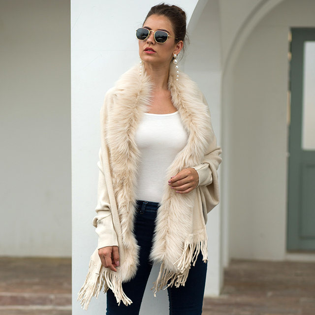 Fitshinling col en fourrure hiver châles et enveloppes bohème frange surdimensionné femmes hiver Ponchos et Capes manches chauve-souris Cardigan_voghion.com