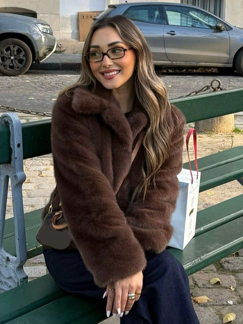 Damenbekleidung Kunstpelzmantel Damenmode Kurzjacke - Weicher Nerzähnlicher Plüsch, Elegantes Revers, Streetwear Chic (XS/S/M/L, Kaffeebraun)_voghion.com