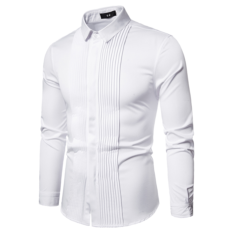 New long sleeved with British style lapel pleated men's uniform, formal dress, base shirt_voghion.com