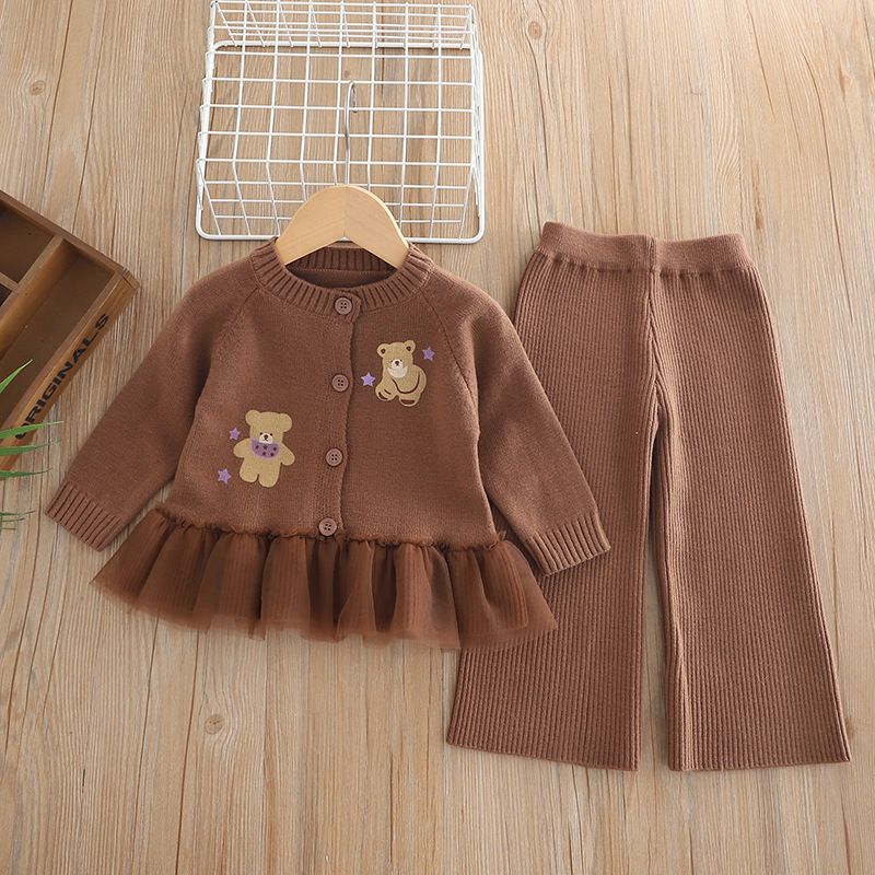 Strickcardigan- und Jogginghosen-Set für Mädchen – Pullover mit Teddybär- und Spitzenbesatz + Hose mit geradem Bein, 3–8 Jahre (100–140 cm), Zartes Khaki/Lavendel_voghion.com