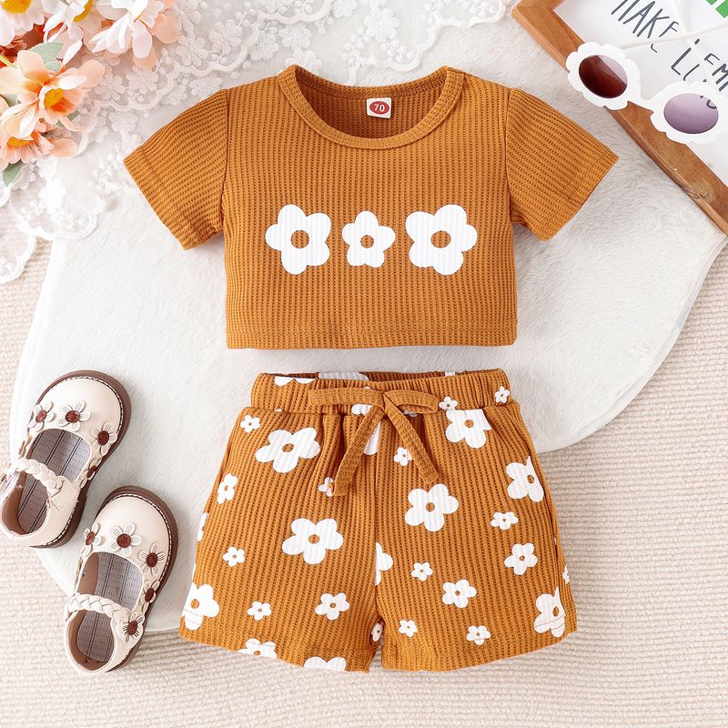 2024 Summer New Children's Waffle Flower Print Short sleeved Open Navel Top Shorts Girls' Set_voghion.com