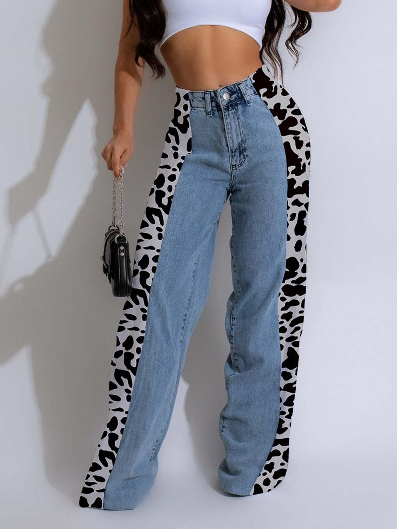 Women's Clothing Street Fashion Splicing Leopard Print Straight Washed Denim Trousers_voghion.com