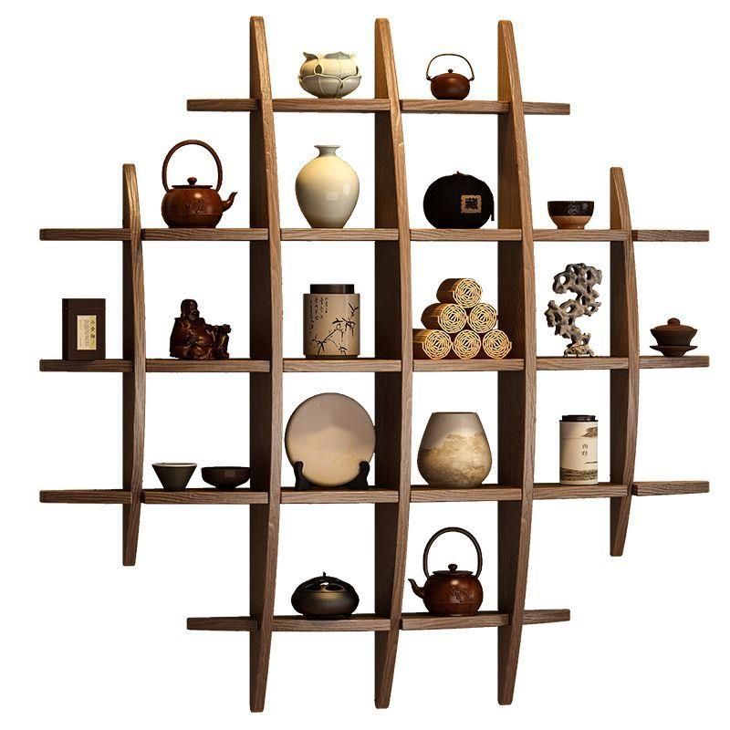 Solid Wood Storage Rack For Living Room, Cup Teapot And Tea Set Rack, Wall-Mounted Chinese Style Multi-Treasure Cabinet_voghion.com