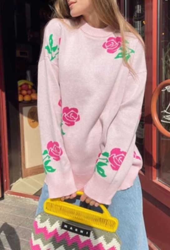 2024 New Fashion Rose Print Round Neck Knitted Sweater Autumn Winter Loose Pullover Sweatshirt_voghion.com