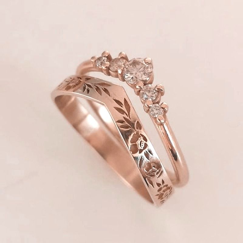 Neuer Schmuck, schlicht, vielseitig, V-förmig, Blume J, Verlobungs- und Ehering-Set für Damen_voghion.com