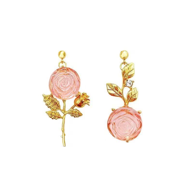 Orecchini da donna Nuovi orecchini asimmetrici di cristallo trasparente con rosa francese super fata Orecchini lunghi di nicchia retrò per donna_voghion.com