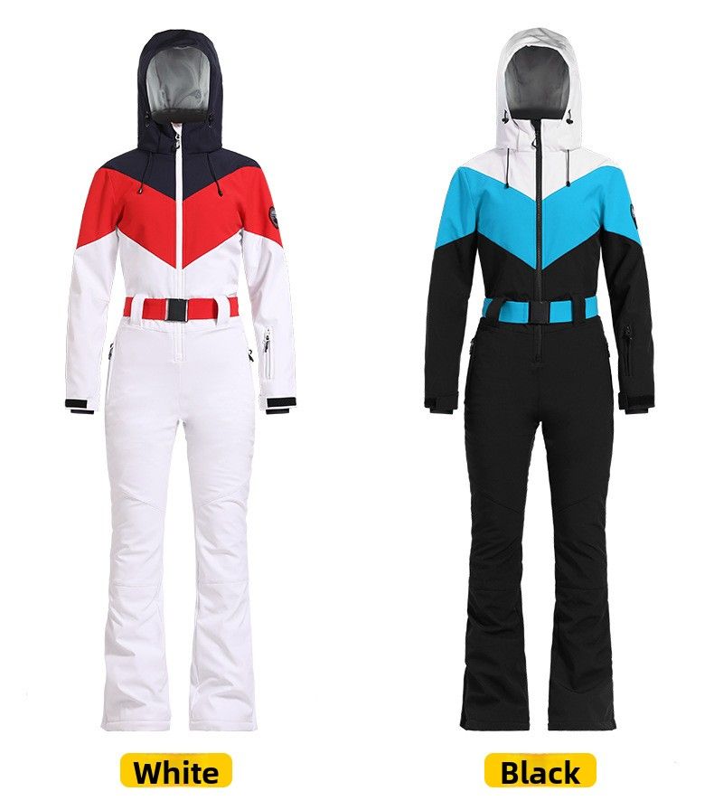 Nuova tuta intera da donna, vestibilità slim, con cintura in vita, antivento, impermeabile, calda, giacca da sci con cappuccio e pantaloni._voghion.com