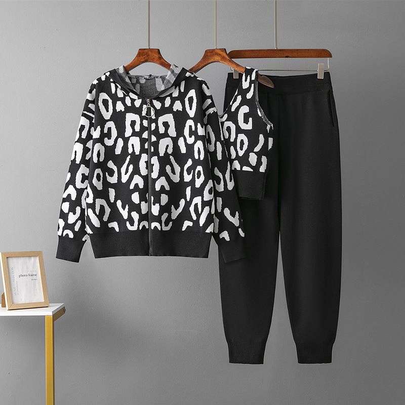 Completo autunnale da donna con cappuccio in maglia - Completo da 3 pezzi con stampa leopardata e a quadri, comodo maglione con cappuccio a maniche lunghe + pantaloni a gamba larga, coordinati casual alla moda_voghion.com