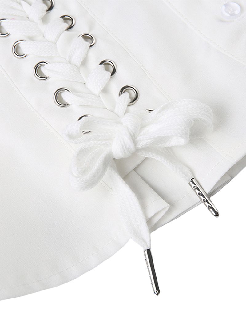 hot selling Women's Button Down T-Shirts Cap Sleeve Crew Neck Cross Tie-up Front Lace Trim Tops_voghion.com
