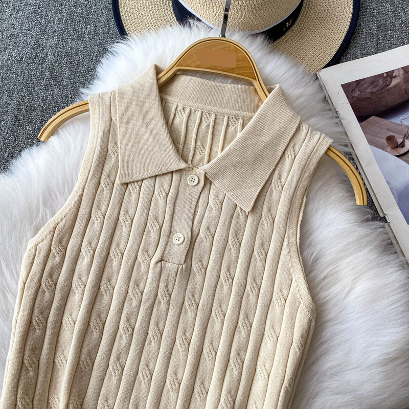 Women's Clothing Twisted POLO Collar Sleeveless Knitted Vest Slim Fit Two Button Casual Top_voghion.com
