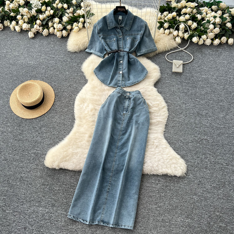French Light Mature Style Tie Waist Short Sleeve Denim Tops Women's High Waist Slit Hip Skirt Summer Two Piece Suit_voghion.com