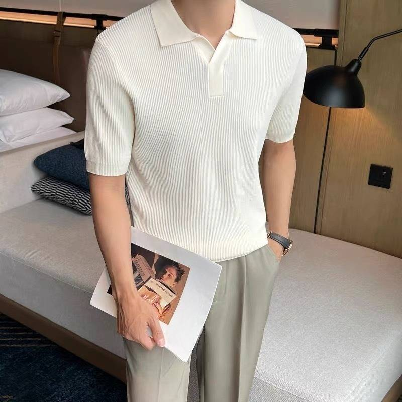 Men's Clothing Summer Short Sleeved Breathable Solid Color Knitted T Shirt High End Slim Fit Lapel Casual T Shirt_voghion.com