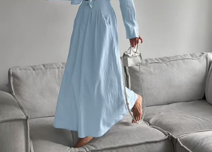 Completo camicia da donna alla moda - Elegante camicetta a maniche lunghe con gonna midi a vita alta, completo da ufficio e casual, a righe blu/semplice, S/M/L_voghion.com