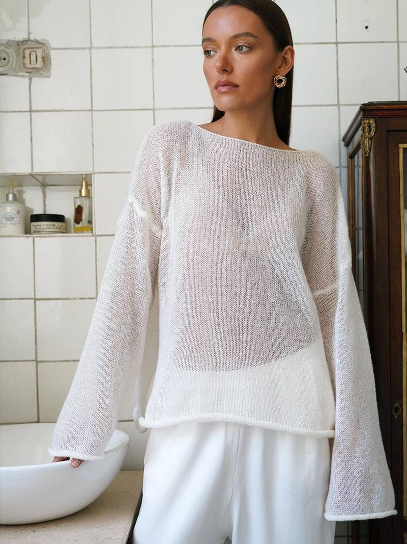 Damenbekleidung Eleganter Spitzen-Strickpullover Damen Herbstmode Lockere Passform Rundhals Langarm Boho Chic Top_voghion.com