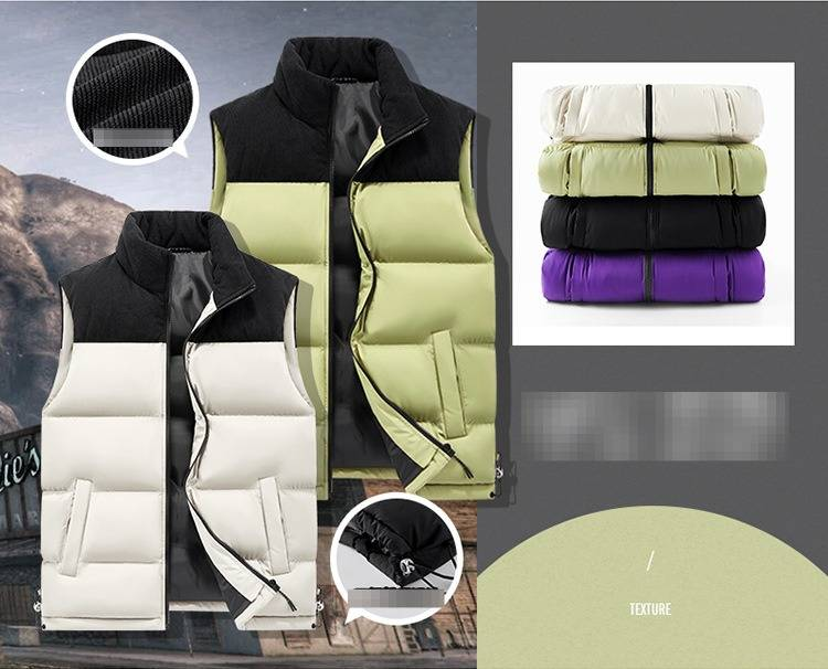 Elegante gilet in velluto a coste e misto cotone con design a blocchi di colore - Gilet invernale unisex con colletto rialzato e vestibilità slim, in avorio, nero, verde, viola (S-5xl)_voghion.com