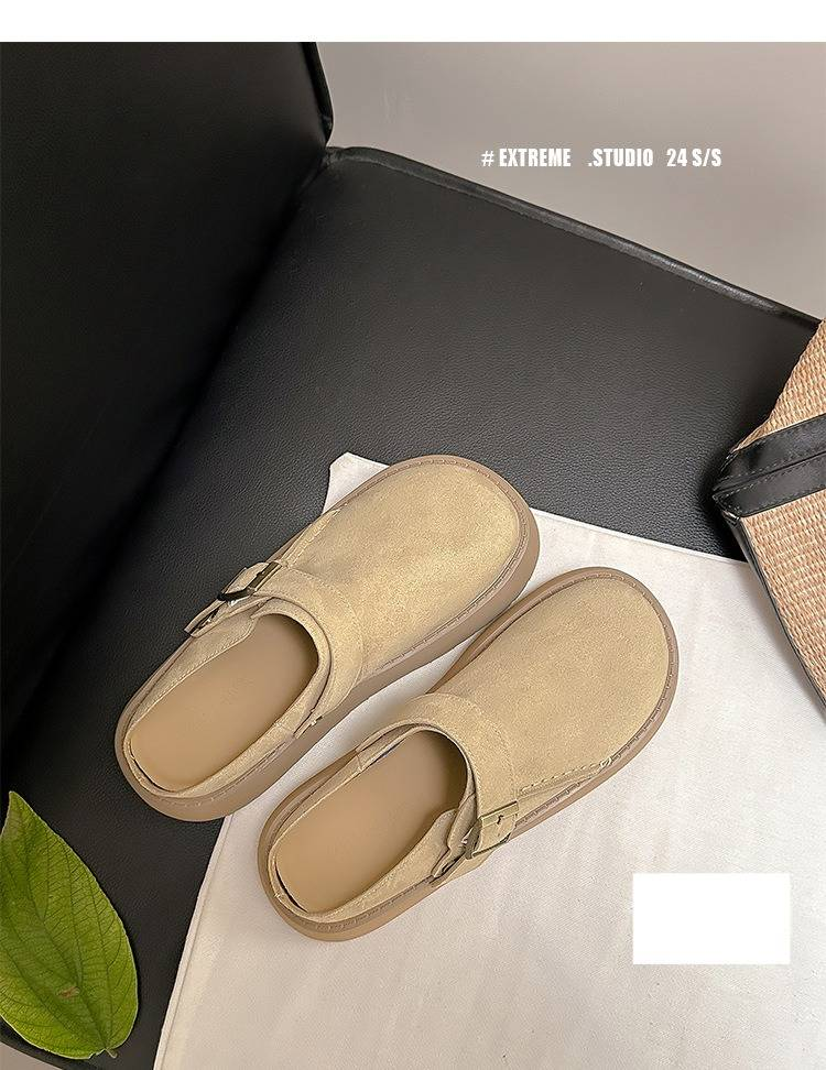 Women's Shoes Chunky Buckle Sandals With Round Toe - Soft Suede Leather Upper & Breathable Cork Footbed - Slip-On Mule Design For Everyday Comfort_voghion.com