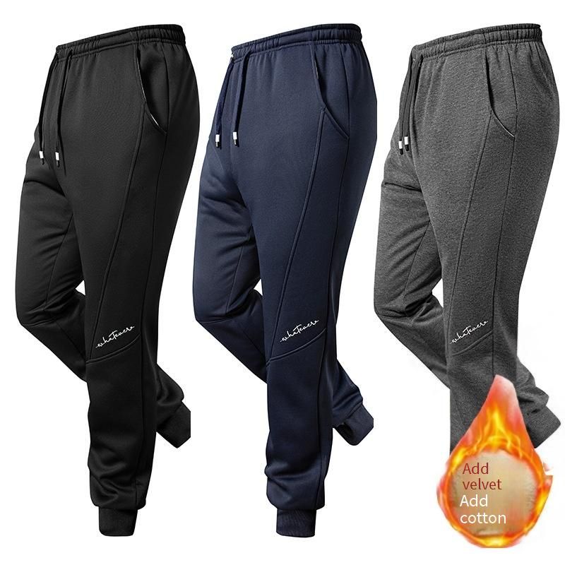 Men's Winter Fleece-Lined Jogger Pants With Embroidery - Loose Fit, Warm & Comfortable, Straight Leg, Elastic Cuffs_voghion.com