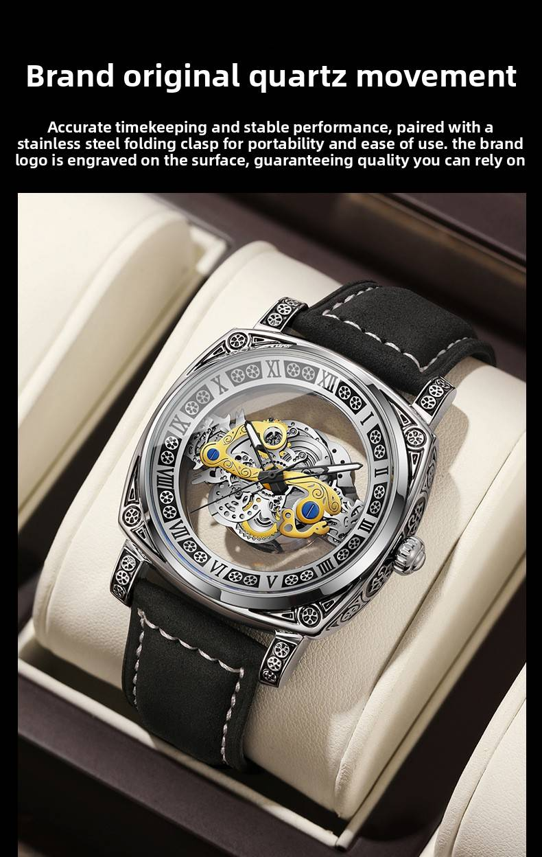 Luxuriöse Herren-Quarzuhr mit Edelstahlarmband, skelettiertem Zifferblatt, wasserdicht, Datumsanzeige und Leuchtzeigern für Business und Freizeit_voghion.com