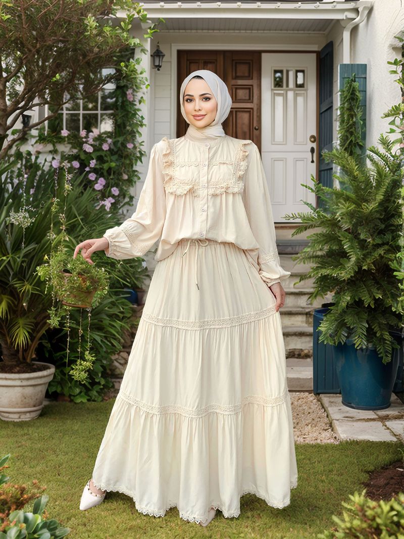 Women's Clothing Muslim Lace Ruffle Stitching Stand Collar Top Long Skirt Suit_voghion.com