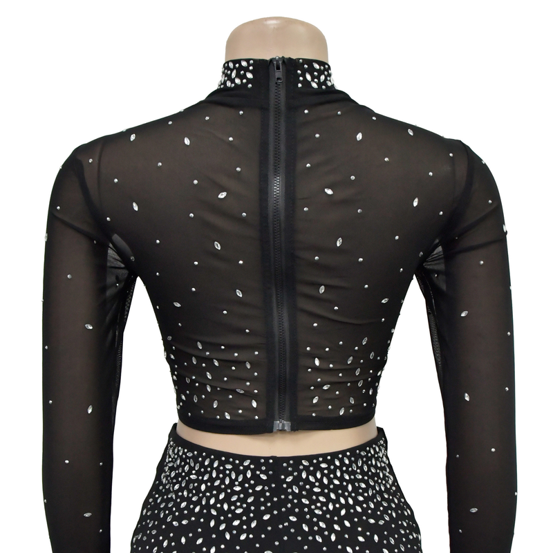 Conjunto de duas peças de calças de manga comprida de diamante quente de malha de cor sólida feminina_voghion.com