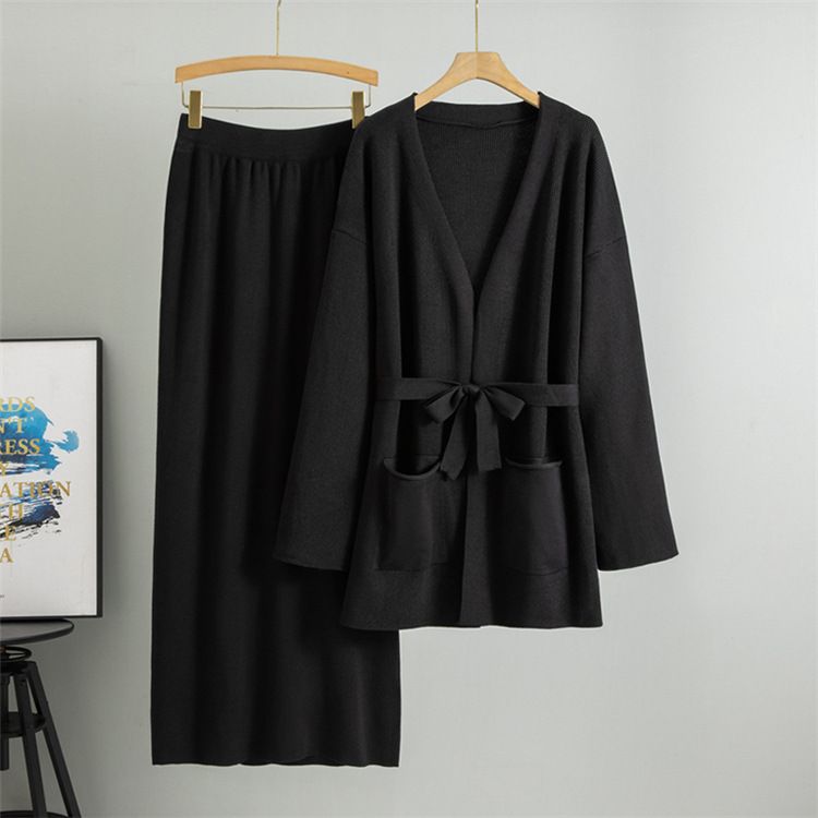 Elegantes Damen-Strickset für den Herbst: Rock und Strickjacke – V-Ausschnitt, lockerer Schnitt, langer Rock mit passendem Strickoberteil (erhältlich in Beige und Khaki)_voghion.com